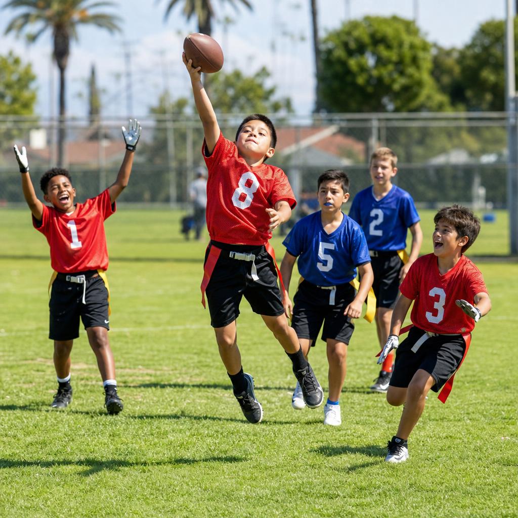 Young boys around age 10 playing flag football, a boy in red jersey making a one-handed catch on a sunny Southern California grass field — SoCal Flag