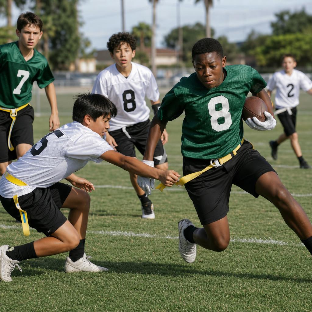 Boys ages 12–14 flag football game, a running back in green jersey cutting to evade a defender pulling the flag belt on a California grass field — SoCal Flag