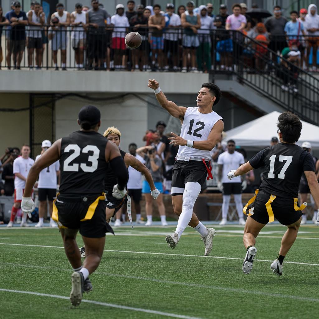 Elite adult male flag football players competing on a professional outdoor turf field, diverse players in high-level game action — SoCal Flag