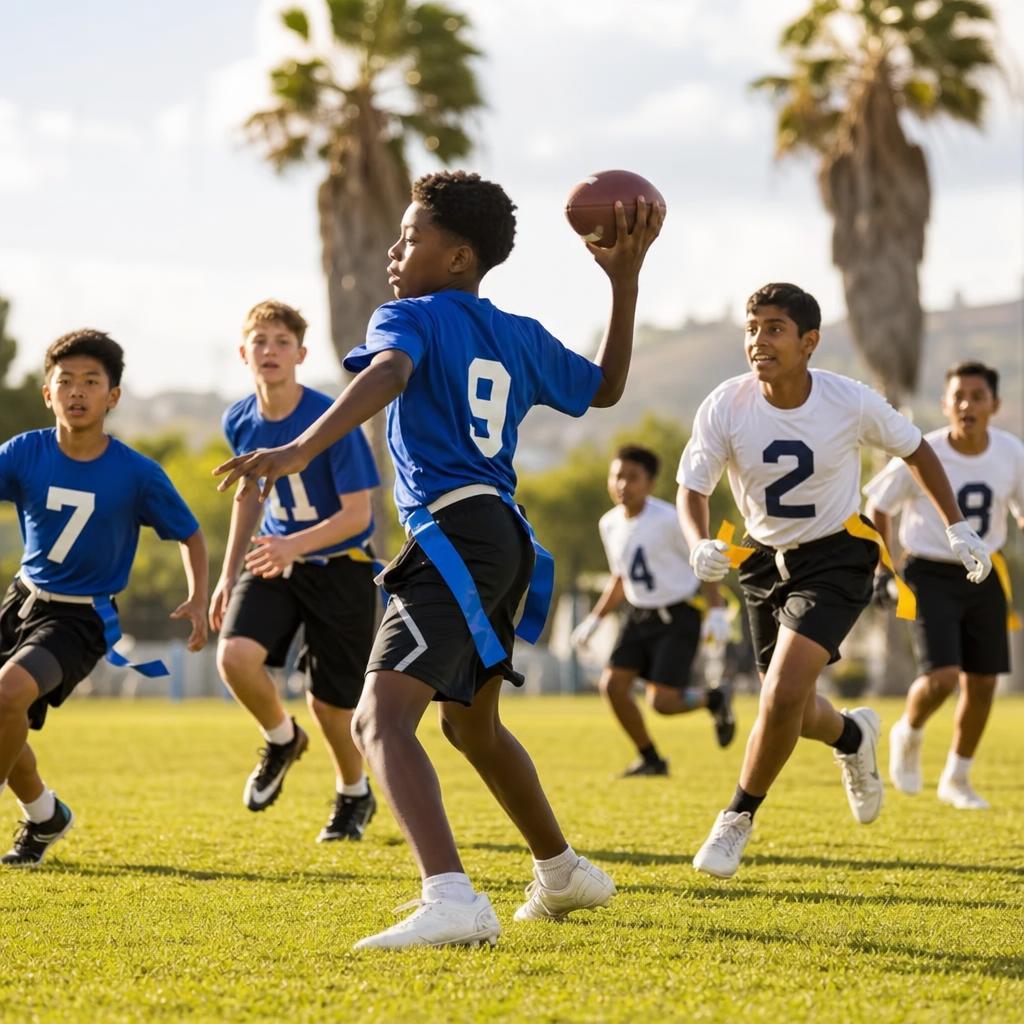 Boys youth flag football action, diverse 10U–14U players competing on a sunny Southern California grass field — SoCal Flag