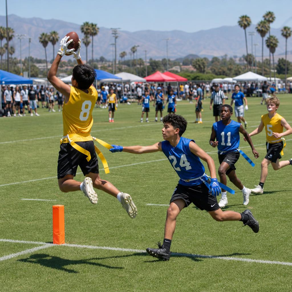 Boys flag football tournament competition, teams competing on adjacent Southern California grass fields with a receiver leaping to catch a pass near the end zone — SoCal Flag