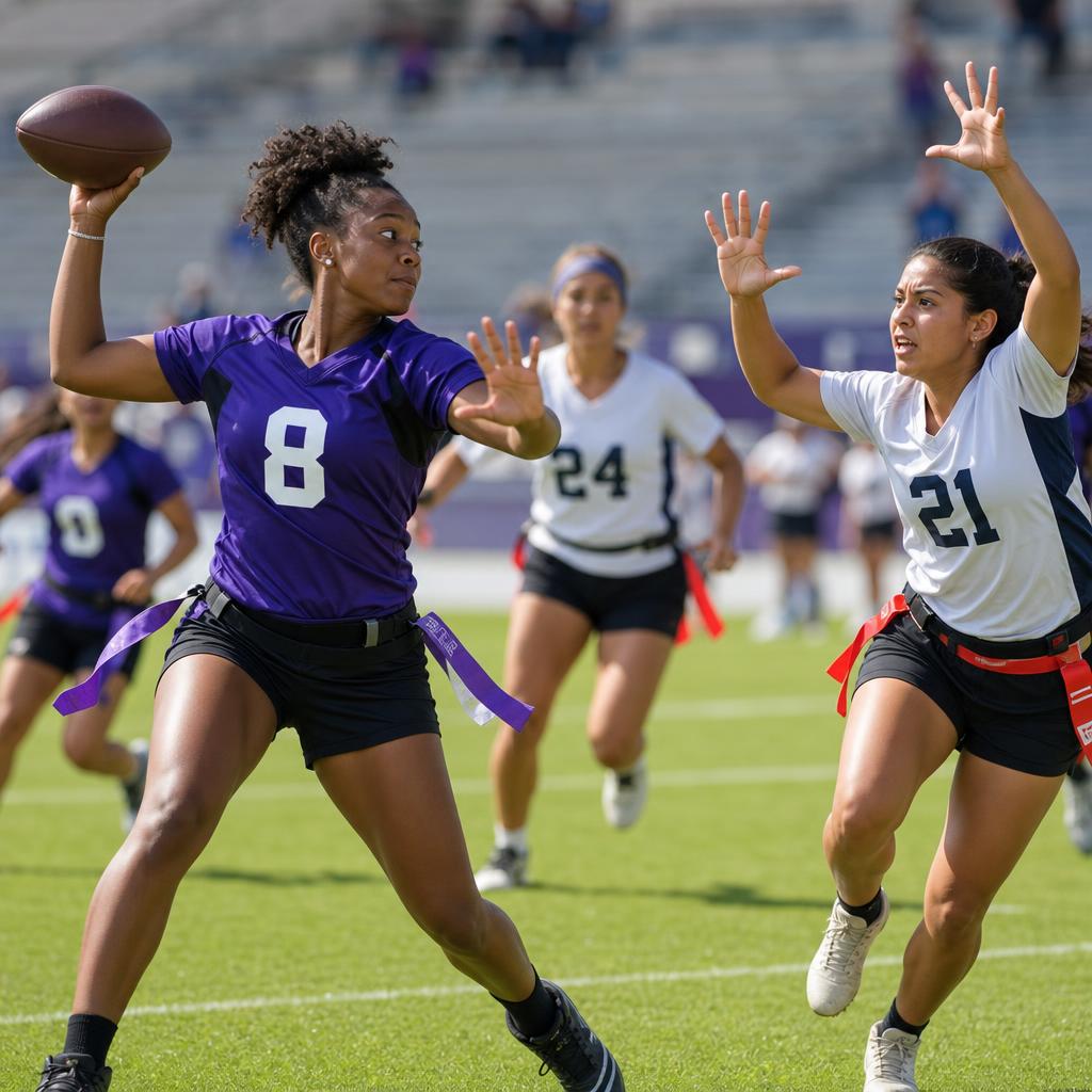 Women's college flag football quarterback throwing a pass in game action on a sunny Southern California field — SoCal Flag
