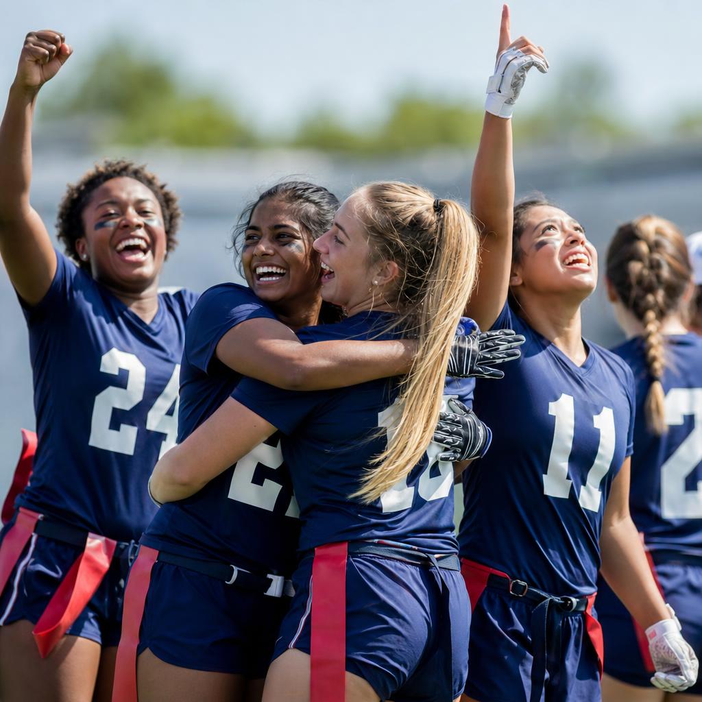 Women's college flag football team celebrating after a big play, diverse athletes cheering and high-fiving on the sideline in Southern California — SoCal Flag