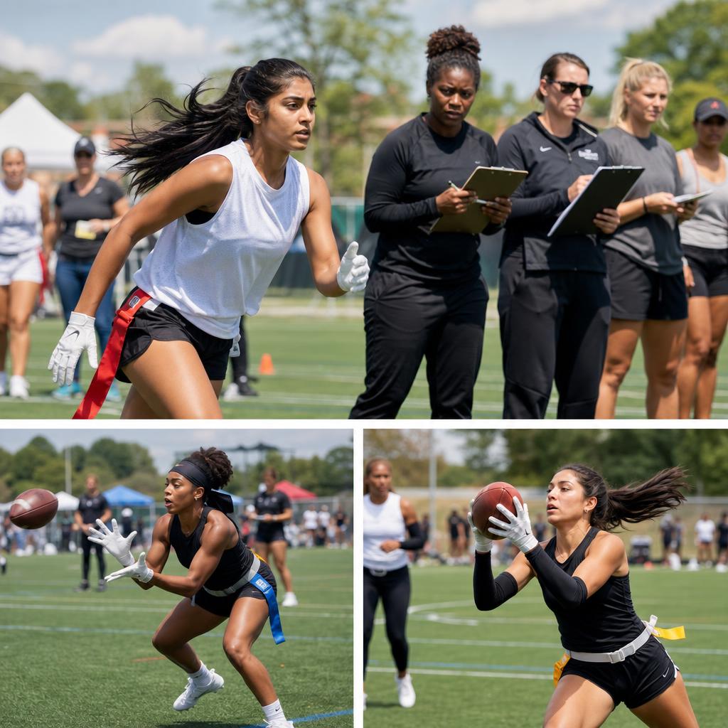 Women's college flag football recruiting showcase, diverse female athletes being evaluated by coaches at a combine event — SoCal Flag
