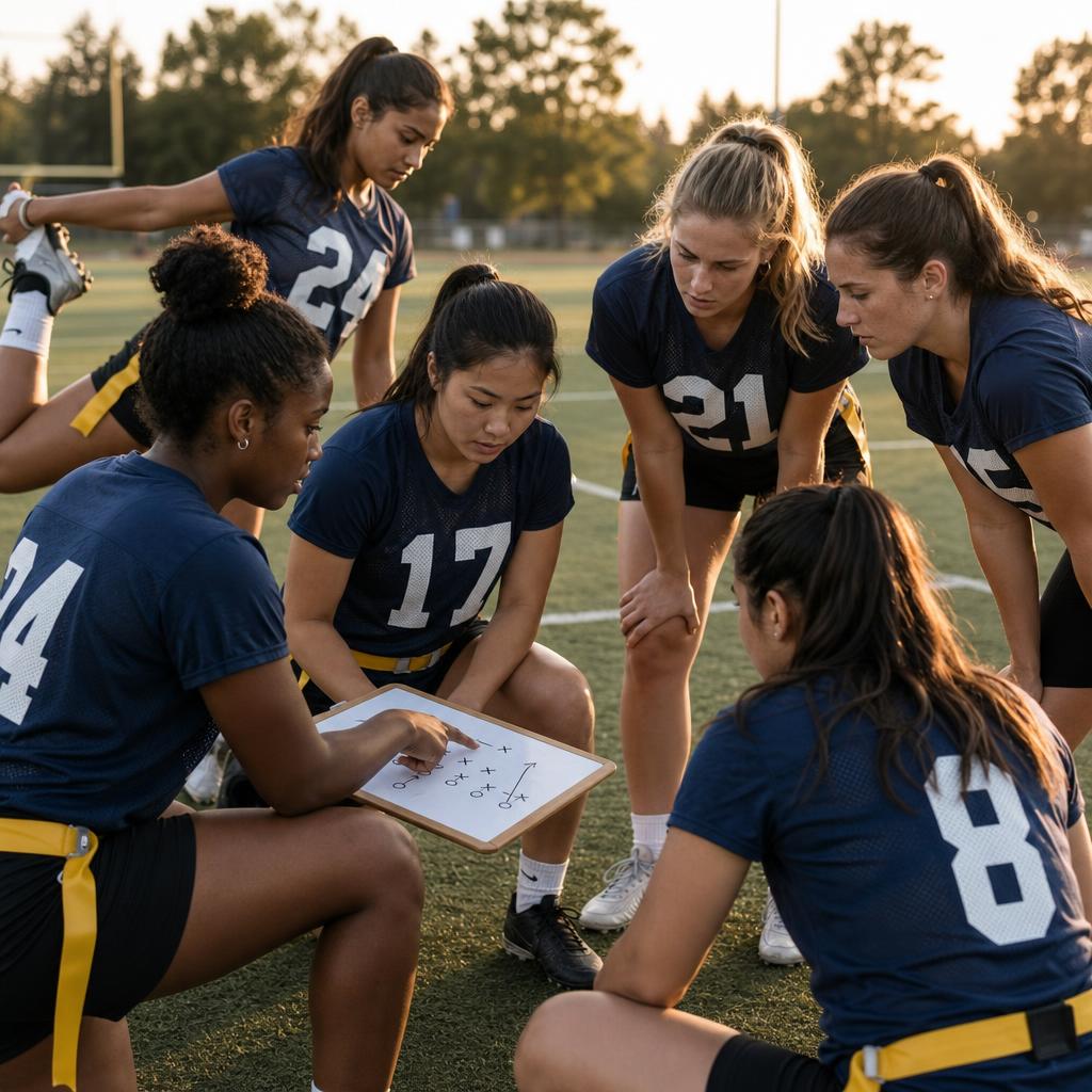 Women's college flag football team in a pre-game huddle, diverse group of athletes focused and prepared on a Southern California field — SoCal Flag