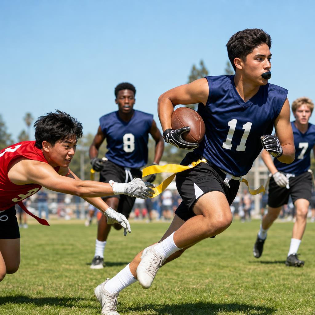 Boys high school flag football running back breaking away from defenders on a Southern California grass field — SoCal Flag