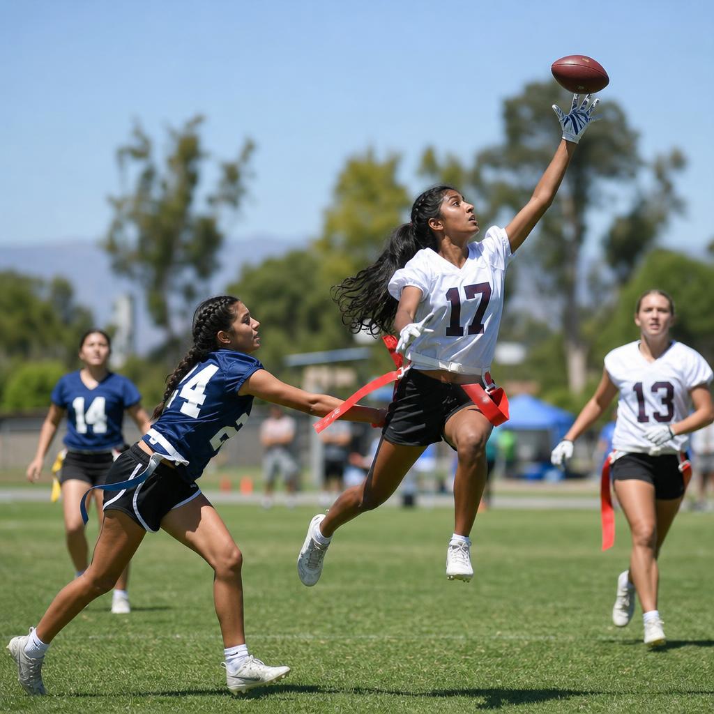 Girls high school flag football wide receiver making a leaping catch, defender reaching for the flag — SoCal Flag