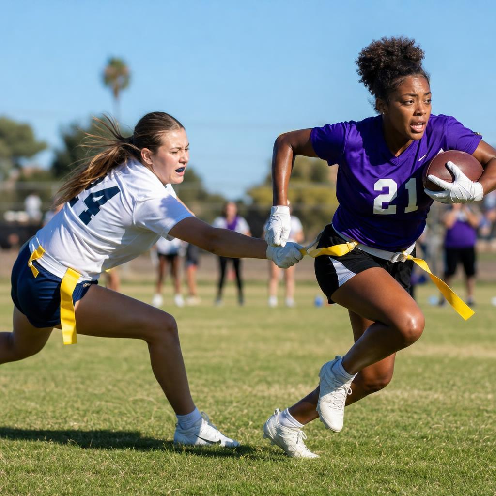Girls high school flag football defender pulling the flag from a ball carrier during a game in Southern California — SoCal Flag