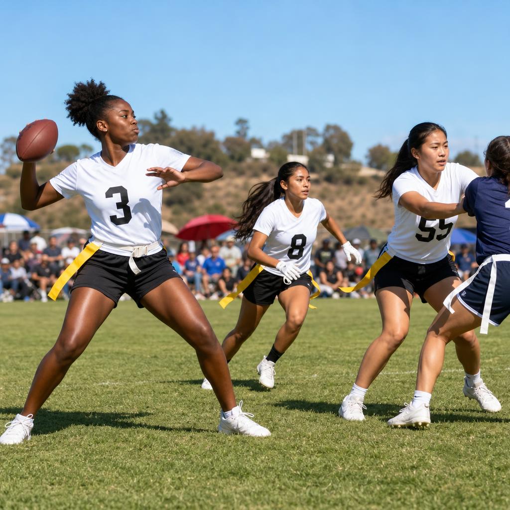 Girls high school flag football quarterback throwing a pass on a sunny Southern California field — SoCal Flag