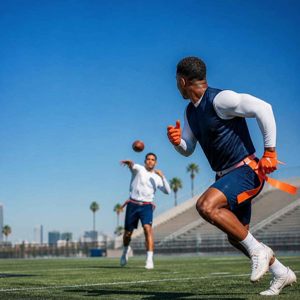Anonymous flag-football players in neutral uniforms compete on an outdoor field.